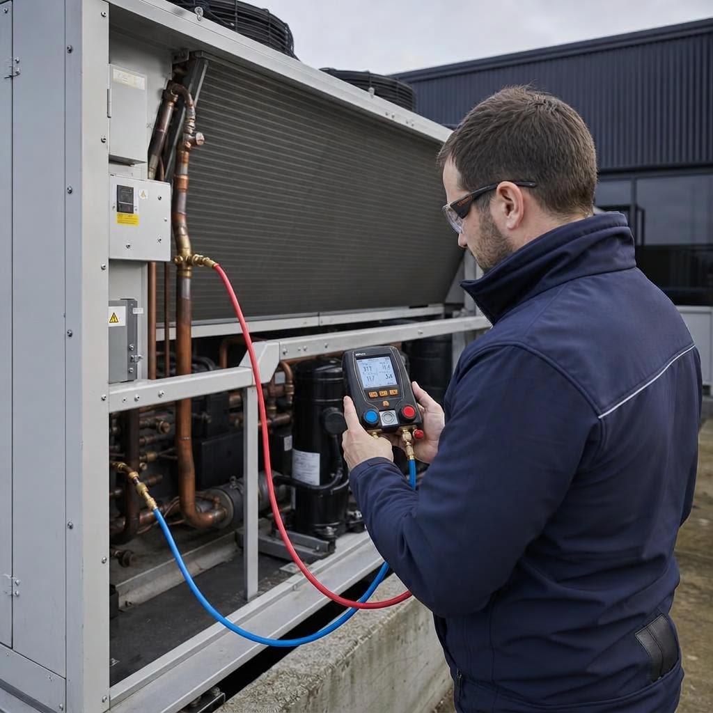 Technician using a digital refrigerant manifold on commercial cooling equipment